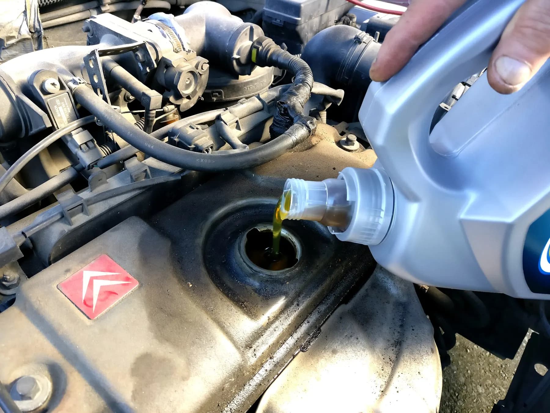 Frisches Motoröl wird in einen Fahrzeugmotor eingefüllt